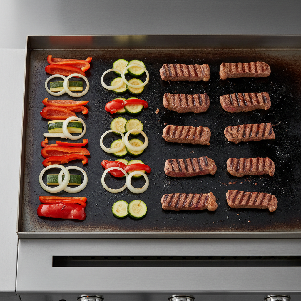 A close-up, top-down view of a professional-grade flat-top griddle surface, meticulously seasoned to a deep charcoal sheen, with clearly defined, organized cooking zones. On one side, uniformly sliced vegetables—red bell peppers, zucchini, and onions—are arranged in tidy rows, while the opposite side shows evenly seared steak strips with precise grill marks from a press. The griddle is framed by a brushed stainless steel surround and integrated grease channel, all spotless and structured. Soft studio lighting from above and slightly to the side creates subtle highlights on the metal and gentle gradients across the food. The composition follows a clean grid layout with sharp focus across the frame, evoking a controlled, instructional mood and a modern, photographic realism suited for a professional cooking blog.