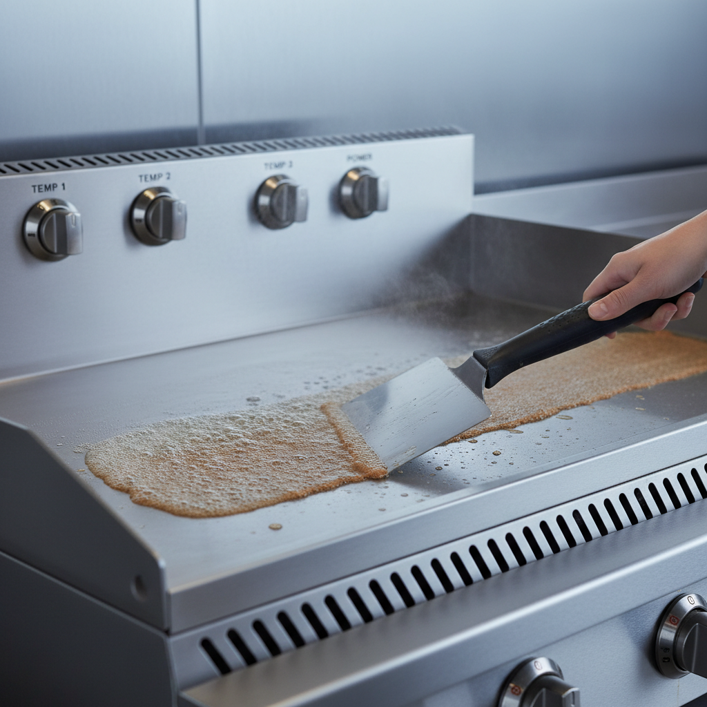 A pristine stainless steel griddle surface mid-cleaning, with a thin layer of water sizzling and creating small, controlled steam wisps along a metal scraper’s straight edge. The scraper, with a polished, rectangular blade and ergonomic, matte-black handle, is positioned at a precise angle, pushing a uniform ribbon of residue toward a built-in grease trough. The surrounding frame shows a spotless stainless backsplash and clearly labeled control knobs, all in perfect alignment. Cool, diffused studio lighting from above and behind adds subtle reflections to the metal, enhancing texture without glare. The composition uses a tight, centered framing on the scraper and griddle interface, with a shallow depth of field blurring the edges. The mood is clinical, efficient, and instructional, reinforcing professional griddle care in a clean, modern photographic style.