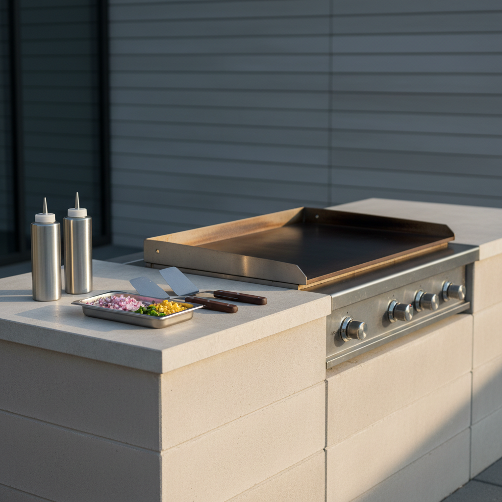 A meticulously organized outdoor cooking workspace featuring a large rectangular griddle built into a minimalist stone-topped island. On the side counter, stainless steel squeeze bottles, a pair of polished metal spatulas, and a small stainless prep tray with neatly diced ingredients are aligned along a straight axis. The background shows a blurred, understated modern exterior wall in cool gray tones. Late afternoon natural light, softened by a thin cloud layer, casts gentle, linear shadows that emphasize the clean lines of the setup. Shot from a three-quarter angle at counter height, the image maintains sharp focus on the tools and griddle controls, with a shallow depth of field softening distant elements. The overall mood is professional, methodical, and composed, with a neutral, corporate visual style in photographic realism.