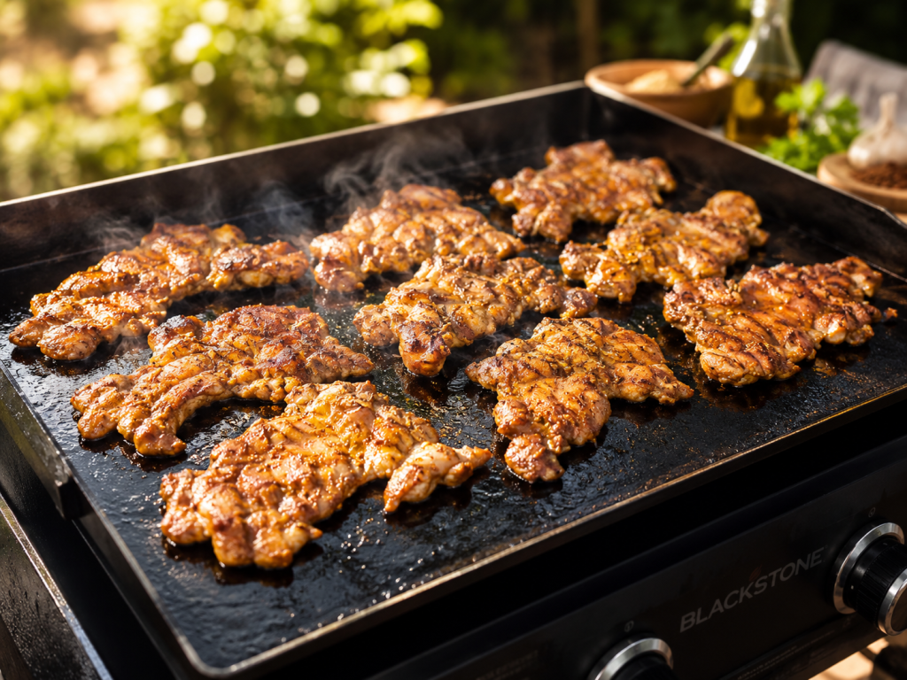 Chicken cooking on the blackstone
